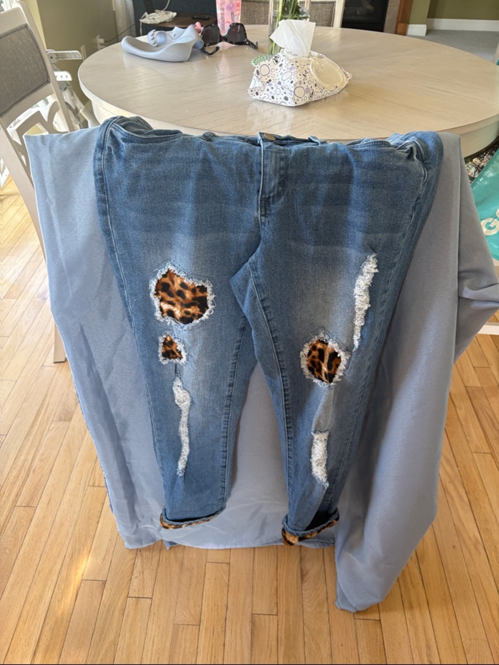 VENUS Medium Blue Skinny Jeans with Leopard Patch Accents